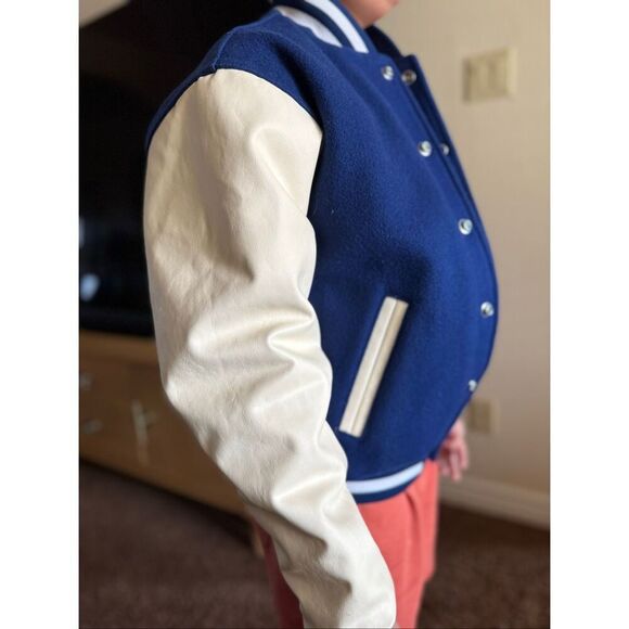 Rennoc kids medium vintage wool royal blue cream button-up varsity jacket - Picture 2 of 10